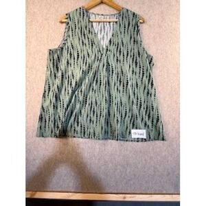 Sleeveless V-Neck Blouse Sage Green Navy Blue Dotted Stripe Print Size XL